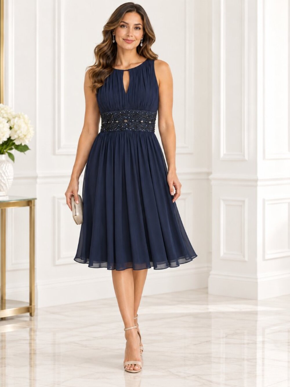 Jessica Howard Navy Beaded Chiffon Dress Size 8